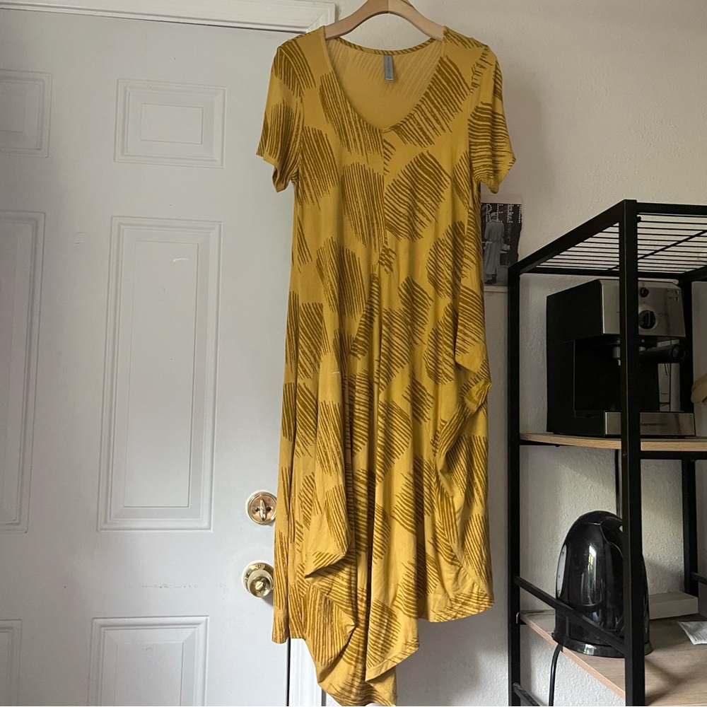 MATTI MAMANE yellow printed asymmetrical lagenlook knit‎ scoop neck midi dress
